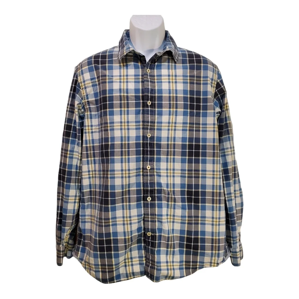 Mens Banana Republic Blue & White Button Down Plaid Soft Wash Shirt Sz L 16-16.5